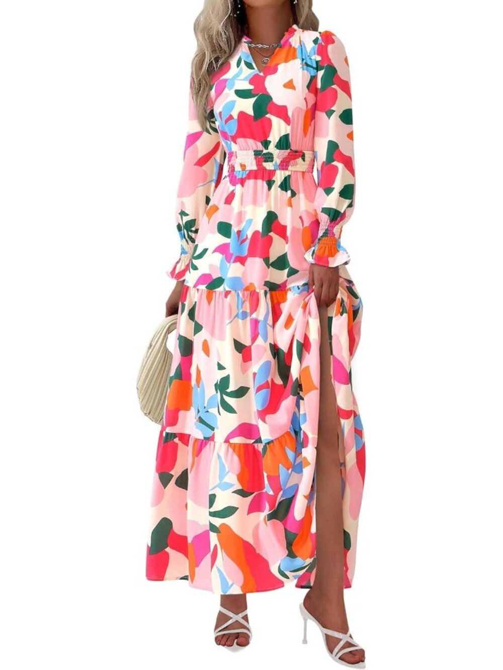 PrettyGarden Women's Floral Apricot Rose Red V Neck A Line Flowy Maxi Long Dress